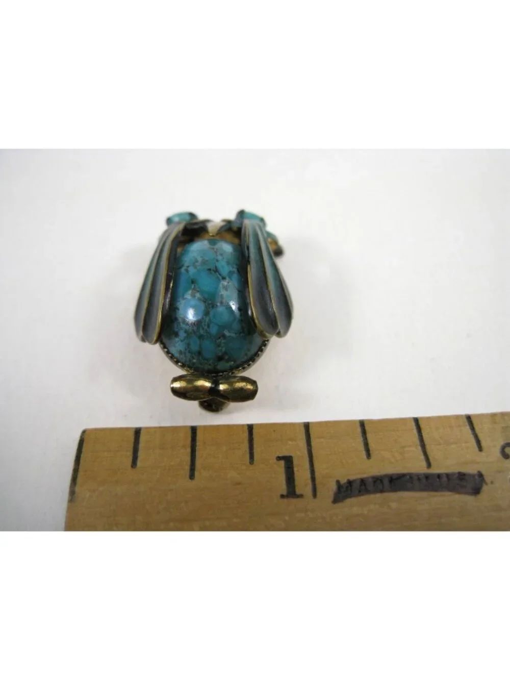 Vintage Turquoise Cabochon Enamel Owl Pin Brooch Germany Gold Tone 1 in 1960s